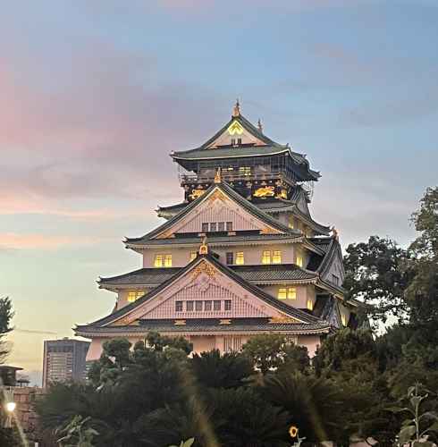 Historical architecture of Osaka Castle with surrounding trees under a dusky sky.