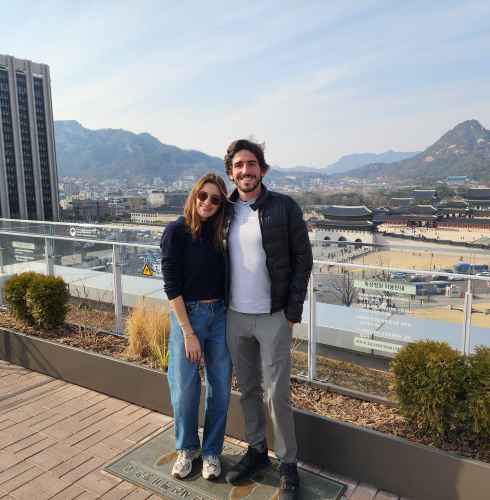 Cityscape of Seoul featuring traditional Korean architecture and modern buildings.