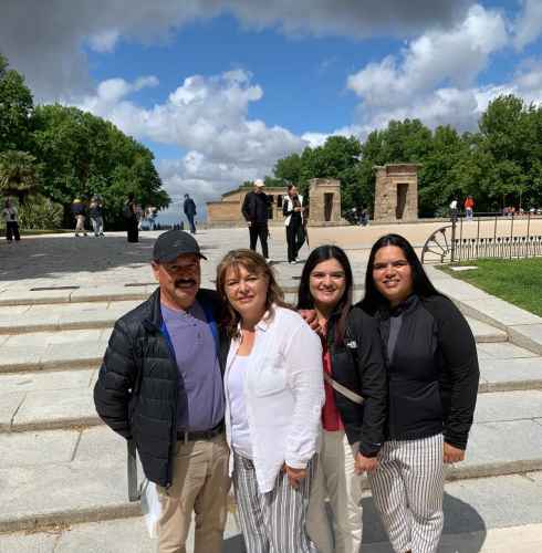 Enjoying a sunny stroll by Madrid's ancient temple remains.