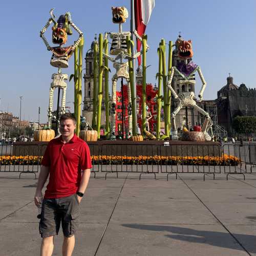 Joyful Visitor Amidst Festive Skeletons