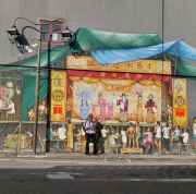 A vibrant mural captures a bustling street scene in Singapore.