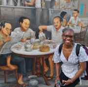 Enjoying a sunny day with vibrant street art in Singapore.