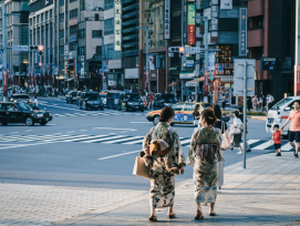 Women wearing kimonos walking in the city, Nihombashi, Women wearing kimonos walking in the city, Nihombashi,