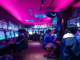 Tourists having fun at a pachinko parlor. Tourists having fun at a pachinko parlor.