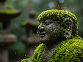Moss-covered Mizukake Fudo statue at Hozen-ji Temple with water droplets visible. Moss-covered Mizukake Fudo statue at Hozen-ji Temple with water droplets visible.