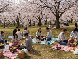 Local families setting up elaborate hanami picnics with traditional foods and drinks Local families setting up elaborate hanami picnics with traditional foods and drinks