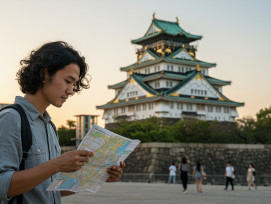Traveler checking a map with Osaka Castle in the background, suggesting a well-planned short visi Traveler checking a map with Osaka Castle in the background, suggesting a well-planned short visi