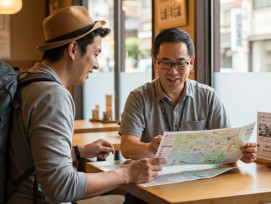 Traveler discussing itinerary with a local guide at a café, suggesting personalized planning for private tours Traveler discussing itinerary with a local guide at a café, suggesting personalized planning for private tours