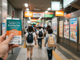 Tourist showing their Osaka Amazing Pass while entering an attraction Tourist showing their Osaka Amazing Pass while entering an attraction