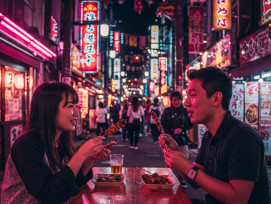 Blurred neon lights with two people sharing skewers. Blurred neon lights with two people sharing skewers.