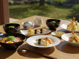 Colorful array of Japanese dishes on a wooden table Colorful array of Japanese dishes on a wooden table