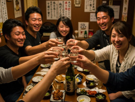 Group toasting with sake in traditional setting