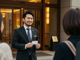 Guide meeting guests at their hotel entrance Guide meeting guests at their hotel entrance