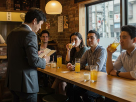 Guide discreetly consulting notes while guests enjoy drinks Guide discreetly consulting notes while guests enjoy drinks