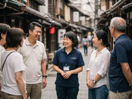 A local guide chatting with guests while walking through a neighborhood, with a relaxed, informal atmosphere that reflects personalized exploration A local guide chatting with guests while walking through a neighborhood, with a relaxed, informal atmosphere that reflects personalized exploration