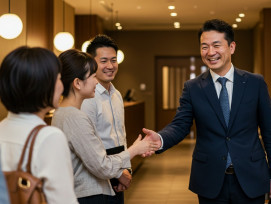 A friendly host warmly greeting guests in a stylish hotel lobby, with welcoming smiles and relaxed body language setting the tone for the day. A friendly host warmly greeting guests in a stylish hotel lobby, with welcoming smiles and relaxed body language setting the tone for the day.