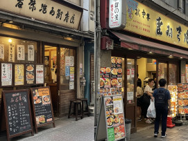 A local eatery with handwritten menus contrasted with a tourist-focused restaurant with bright signage and photo menus. A local eatery with handwritten menus contrasted with a tourist-focused restaurant with bright signage and photo menus.