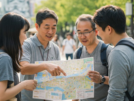 A guide showing a map or phone to travelers during a casual daytime outing, discussing possible directions or activity options. A guide showing a map or phone to travelers during a casual daytime outing, discussing possible directions or activity options.