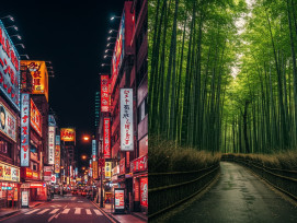 Split composition showing Dotonbori's vibrant neon lights contrasted with Kyoto's serene bamboo grove. Split composition showing Dotonbori's vibrant neon lights contrasted with Kyoto's serene bamboo grove.
