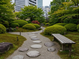 A small traditional garden hidden between modern buildings, with a stone path, carefully pruned plants, and a small wooden bench offering peaceful contrast to the urban surroundings A small traditional garden hidden between modern buildings, with a stone path, carefully pruned plants, and a small wooden bench offering peaceful contrast to the urban surroundings
