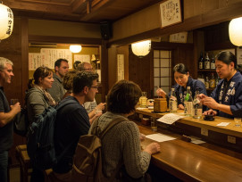 Sake bar with traditional wooden interior and customers learning about different varieties Sake bar with traditional wooden interior and customers learning about different varieties