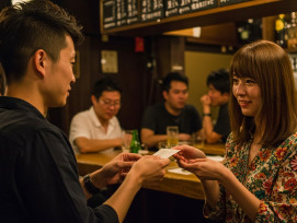 Business cards and contact information exchange between new acquaintances at local bar Business cards and contact information exchange between new acquaintances at local bar