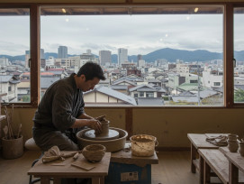 raditional craft workshop with artisan working on pottery while modern city visible through window kyoto raditional craft workshop with artisan working on pottery while modern city visible through window kyoto