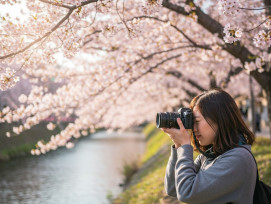 A photographer capturing cherry blossoms at dawn with respectful distance from the trees. A photographer capturing cherry blossoms at dawn with respectful distance from the trees.