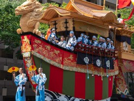 Elaborate Gion Festival float being assembled in early morning to avoid peak heat. Elaborate Gion Festival float being assembled in early morning to avoid peak heat.