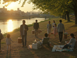 Evening families returning to Kamo River west bank with portable chairs and picnic supplies as temperatures moderate. Evening families returning to Kamo River west bank with portable chairs and picnic supplies as temperatures moderate.