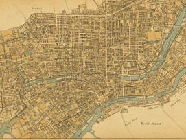 Ancient map overlay showing Kyoto's grid system with modern streets visible beneath Ancient map overlay showing Kyoto's grid system with modern streets visible beneath