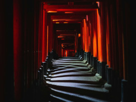 Endless tunnel of red torii gates creating a path up the mountain through green forest Photo by Endless tunnel of red torii gates creating a path up the mountain through green forest Photo by