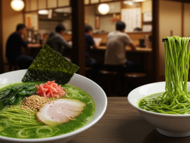 Green tea ramen at an obscure shop. Green tea ramen at an obscure shop.