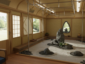 Interior of the Zen garden train car showing traditional rock arrangements. Interior of the Zen garden train car showing traditional rock arrangements.