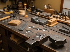 Workshop table with shuriken-making tools and materials. Workshop table with shuriken-making tools and materials.
