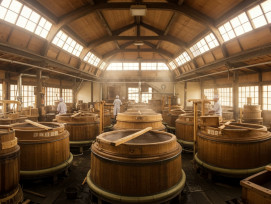 Interior of a working sake brewery showing traditional brewing equipment. Interior of a working sake brewery showing traditional brewing equipment.