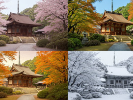 Four seasons comparison showing same temple location through yearly changes Four seasons comparison showing same temple location through yearly changes