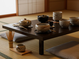 A traditional tea ceremony setup with tatami mats, bamboo whisk, and ceramic bowls A traditional tea ceremony setup with tatami mats, bamboo whisk, and ceramic bowls