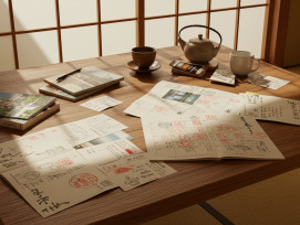 Calendar pages with temple stamps and travel notes scattered on a traditional wooden table Calendar pages with temple stamps and travel notes scattered on a traditional wooden table