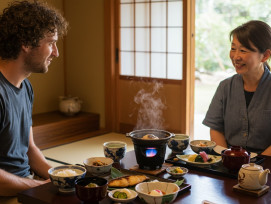 Guest and guide enjoying traditional breakfast together Guest and guide enjoying traditional breakfast together