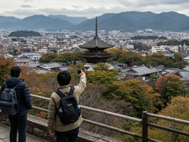 A guide and visitor standing at a scenic overlook of Kyoto city with temples and traditional rooftops spread below, both looking out at the view with a sense of anticipation and discovery A guide and visitor standing at a scenic overlook of Kyoto city with temples and traditional rooftops spread below, both looking out at the view with a sense of anticipation and discovery