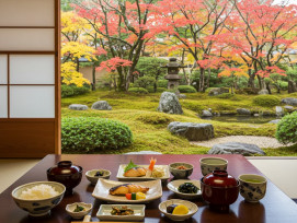 Traditional Japanese breakfast setting with autumn garden view. Traditional Japanese breakfast setting with autumn garden view.