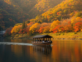 Traditional wooden boat on Hozu River with autumn backdrop.