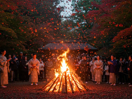 Sacred bonfire ceremony with autumn leaves falling like embers