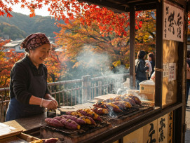 Street vendor selling roasted sweet potatoes with autumn backdrop