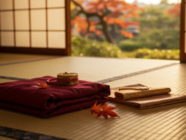 Traditional autumn clothing laid out on tatami with a maple leaf Traditional autumn clothing laid out on tatami with a maple leaf