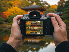 Photographer's hands holding camera with autumn temple reflection Photographer's hands holding camera with autumn temple reflection