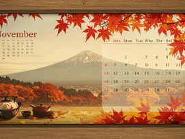 Traditional Japanese calendar showing November with autumn imagery Traditional Japanese calendar showing November with autumn imagery