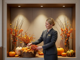 Hotel concierge arranging seasonal autumn decorations in an alcove