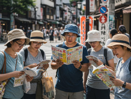 Visitors consulting maps and guidebooks while standing at a busy Kyoto intersection Visitors consulting maps and guidebooks while standing at a busy Kyoto intersection